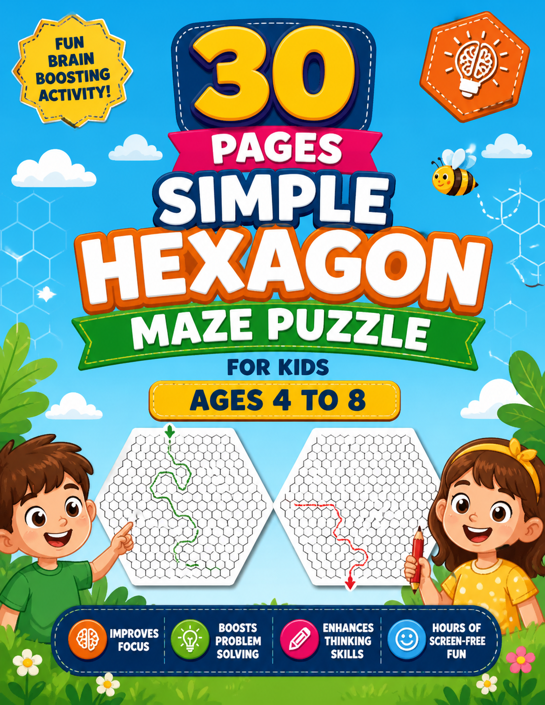 30 pages simple Hexagon Maze Puzzle for Kids Ages 4 to 8
