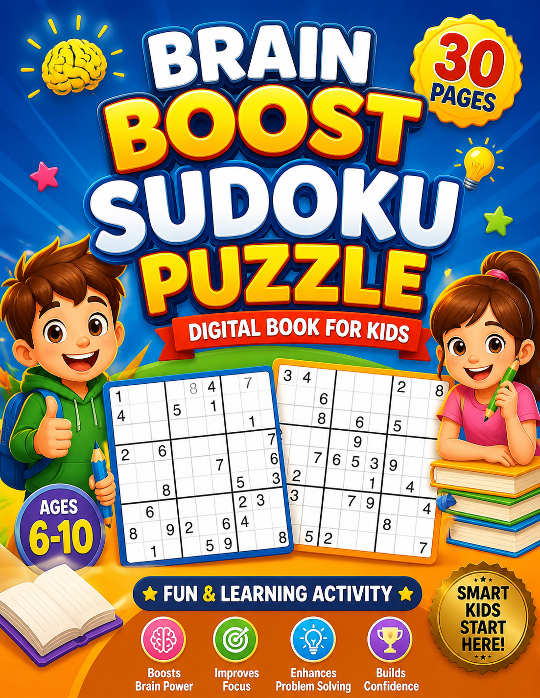 Brain Boost Sudoku Puzzle Digital Book for Kids – 30 Pages Fun & Learning Activity (Ages 6–10) Brain Boost Sudoku Puzzle Digital Book for Kids – 30 Pages Fun & Learning Activity (Ages 6–10)
