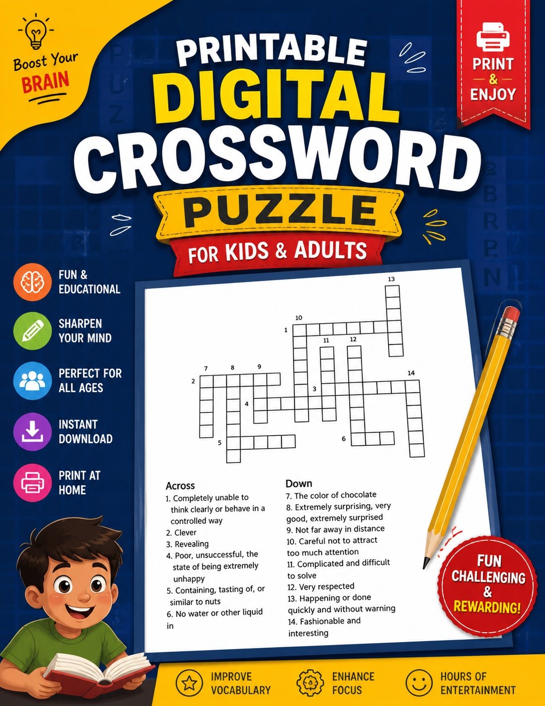 Printable Digital Crossword Puzzle 30 Page Pack for Kids & Adults
