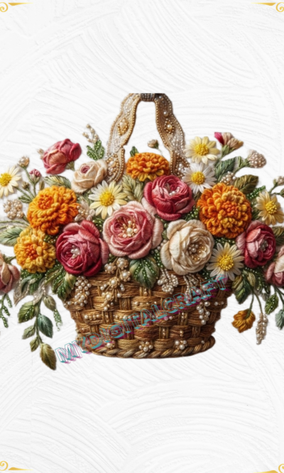 3D Textured Embroidery 3 patch Floral Basket Art Work Design_1