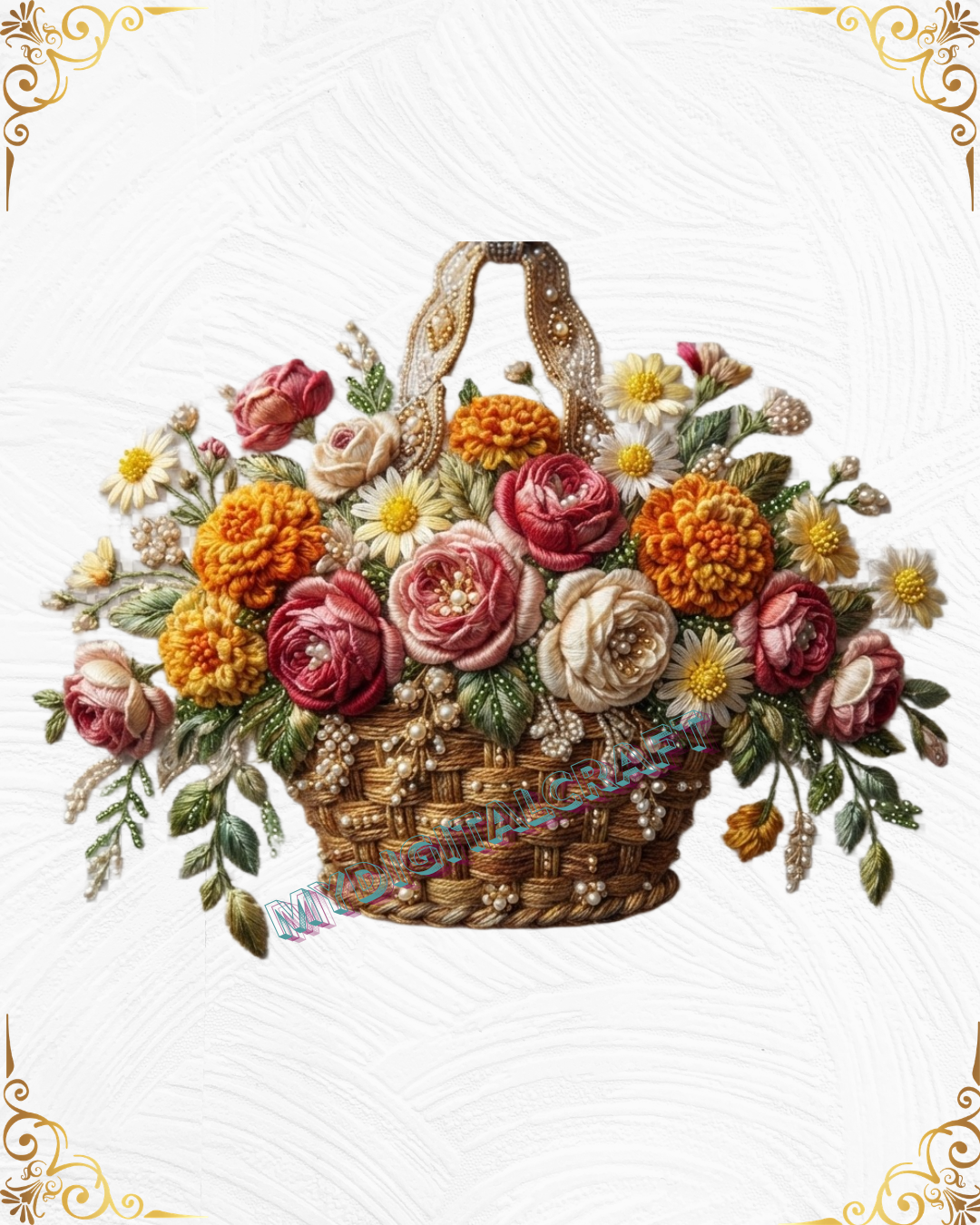 3D Textured Embroidery 3 patch Floral Basket Art Work Design_1 3D Textured Embroidery 3 patch Floral Basket Art Work Design_1