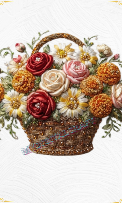 3D Textured Embroidery 3 patch Floral Basket Art Work Design_2