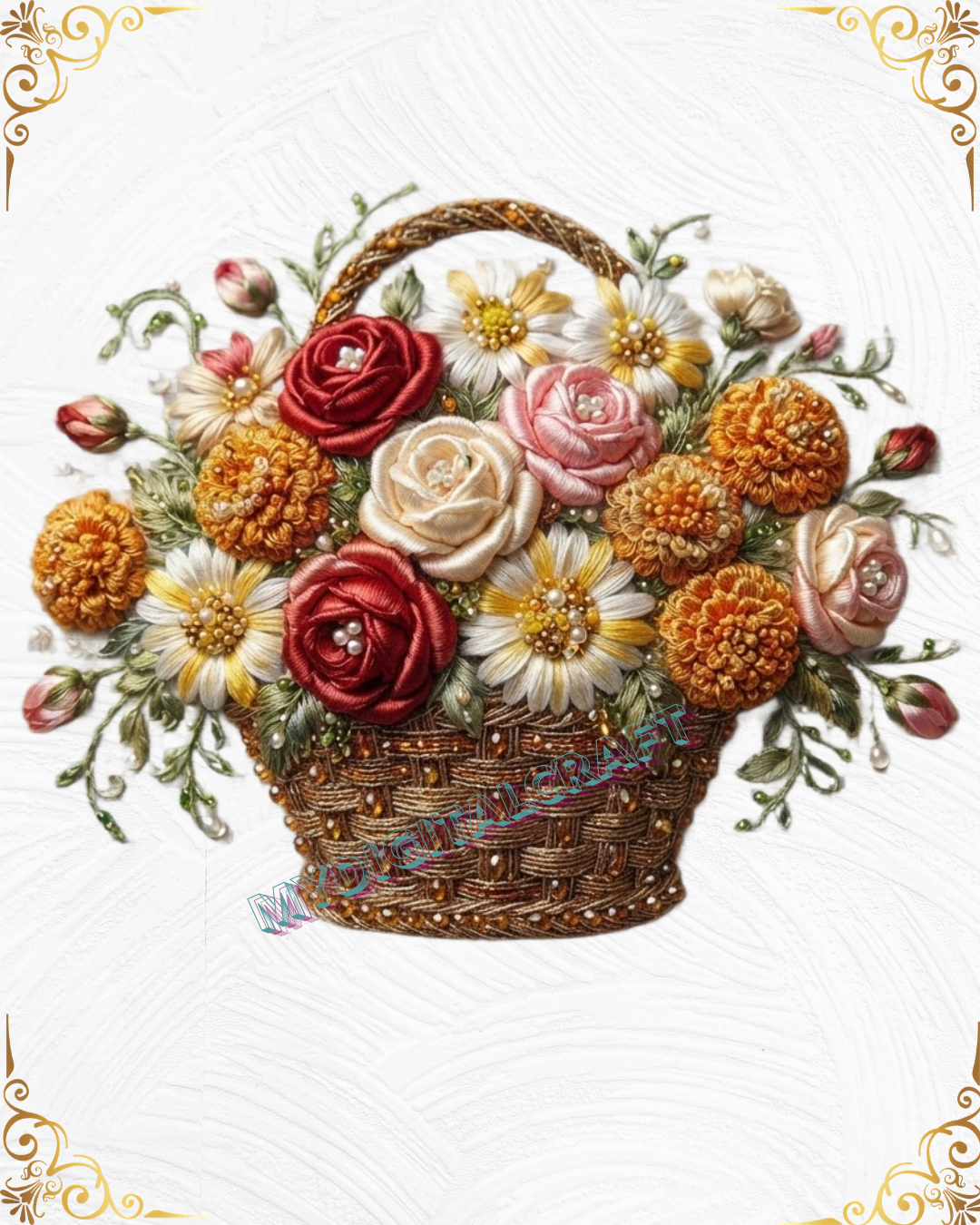 3D Textured Embroidery 3 patch Floral Basket Art Work Design_2 3D Textured Embroidery 3 patch Floral Basket Art Work Design_2