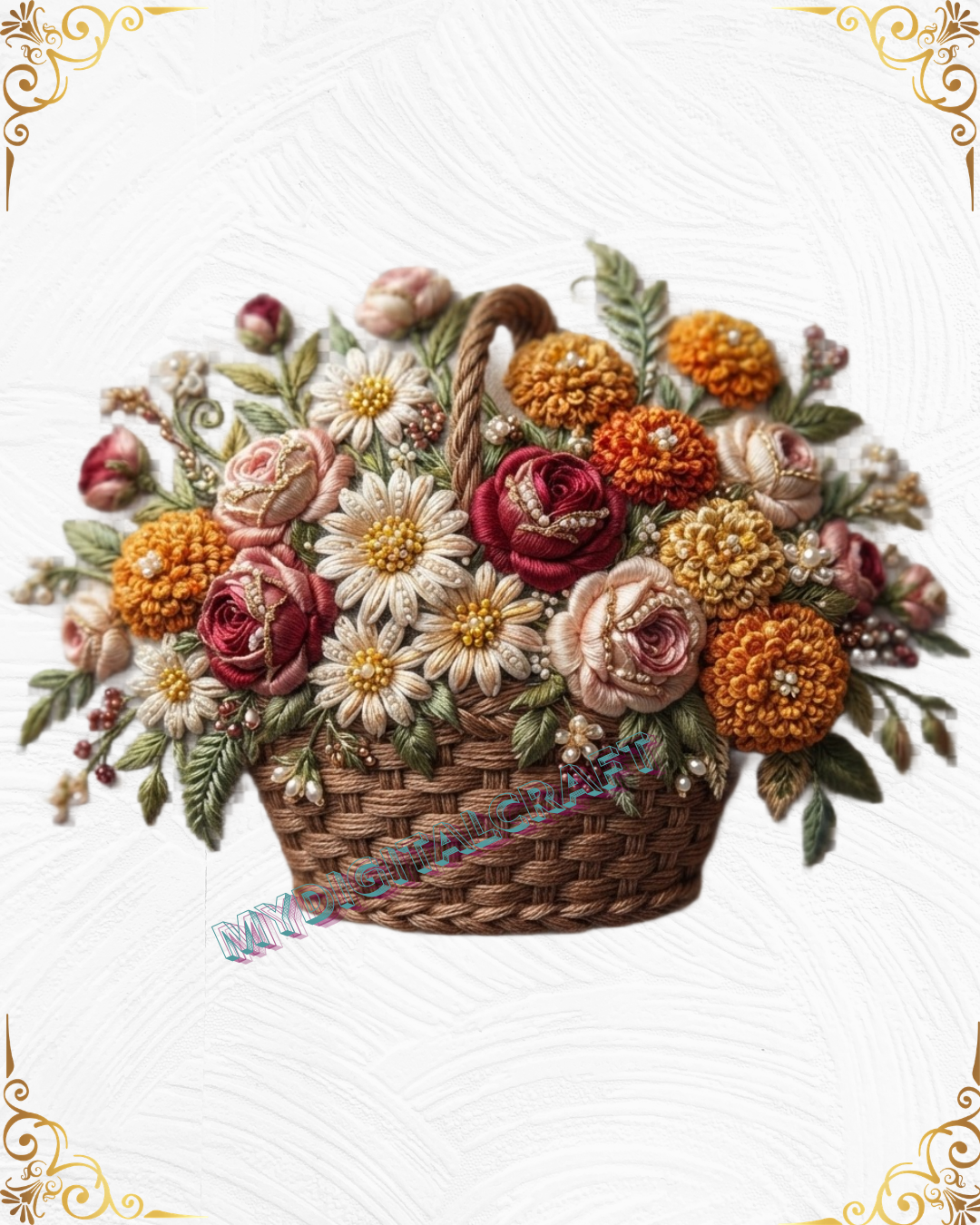 3D Textured Embroidery 3 patch Floral Basket Art Work Design_3 3D Textured Embroidery 3 patch Floral Basket Art Work Design_3