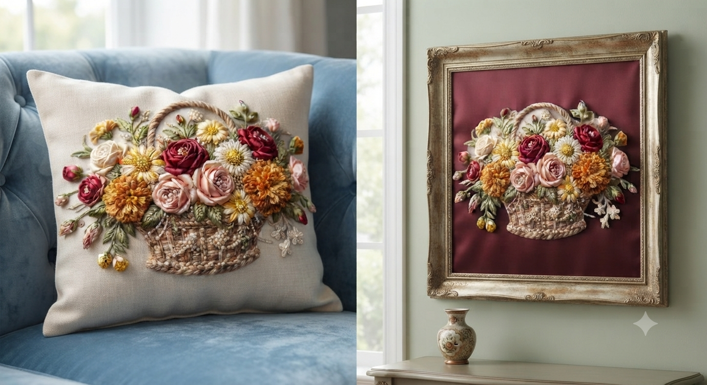 3D Textured Embroidery 3 patch Floral Basket Art Work Design_5
