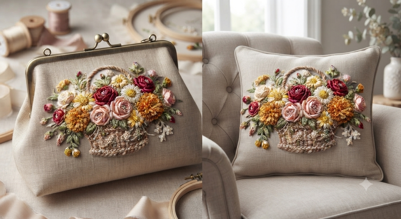 3D Textured Embroidery 3 patch Floral Basket Art Work Design_6 3D Textured Embroidery 3 patch Floral Basket Art Work Design_6