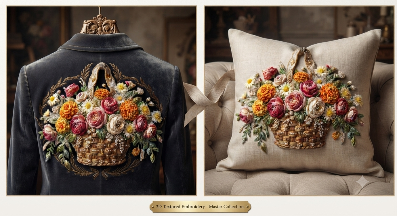 3D Textured Embroidery 3 patch Floral Basket Art Work Design_8 3D Textured Embroidery 3 patch Floral Basket Art Work Design_8