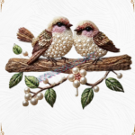 3D Textured Embroidery Birds on Branch PNG_1