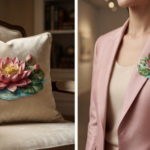 3D Textured Embroidery Pink Lotus Flower Design_5