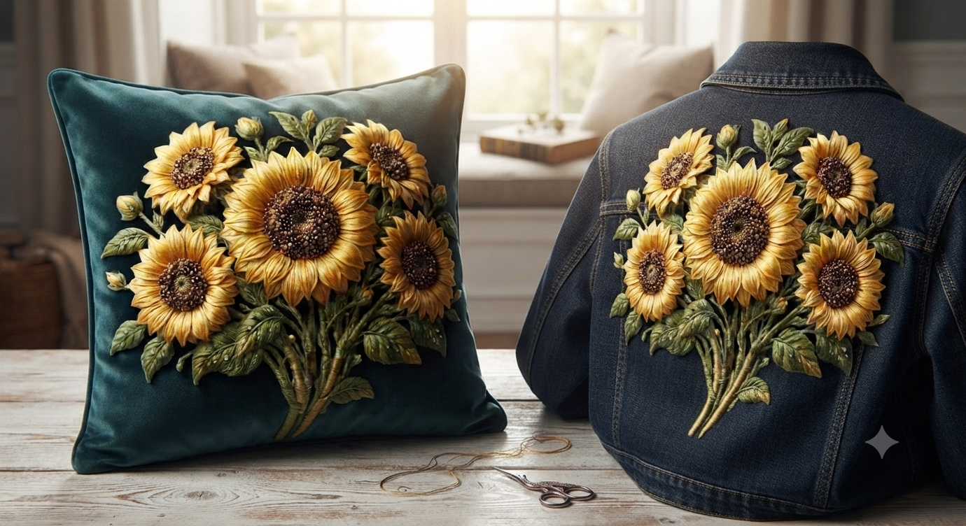 3D Textured Embroidery Sunflower Floral ArtWork 7 Patch Design_10
