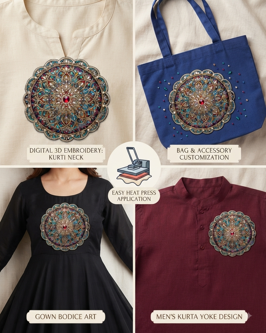 3D Textured Embroidery circular mandala style Art Work 5 Patch Design PNG_6
