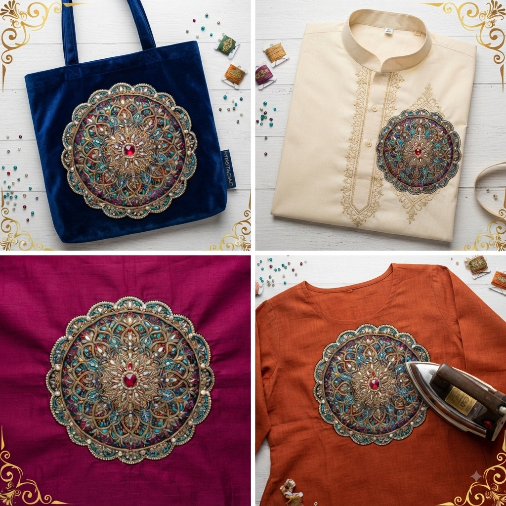 3D Textured Embroidery circular mandala style Art Work 5 Patch Design PNG_9