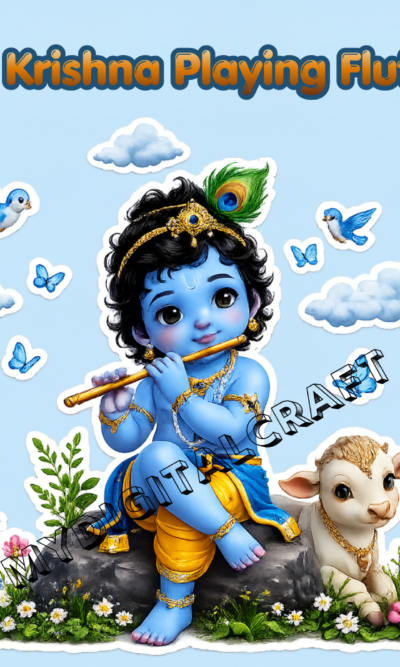 Cute Baby Krishna Playing Flute 3D Sticker & 3D Art_1