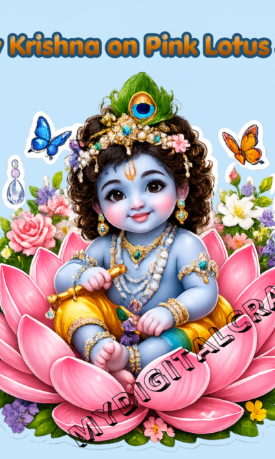 Cute Baby Krishna on Pink Lotus 3D Sticker & 3D Art_1