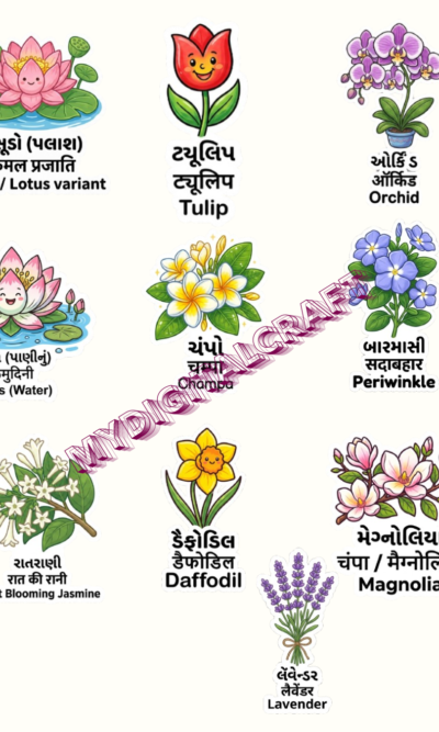 20_Pcs Flowers Guj,Hindi And English name_Sticker_2