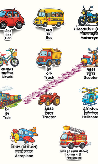 20_Pcs Vehicles Guj,Hindi And English name_Sticker_1