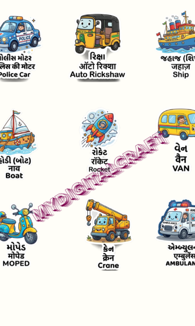 20_Pcs Vehicles Guj,Hindi And English name_Sticker_2