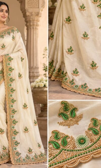 C Pallu Saree Embroidery Design with Green and Gold Floral Border