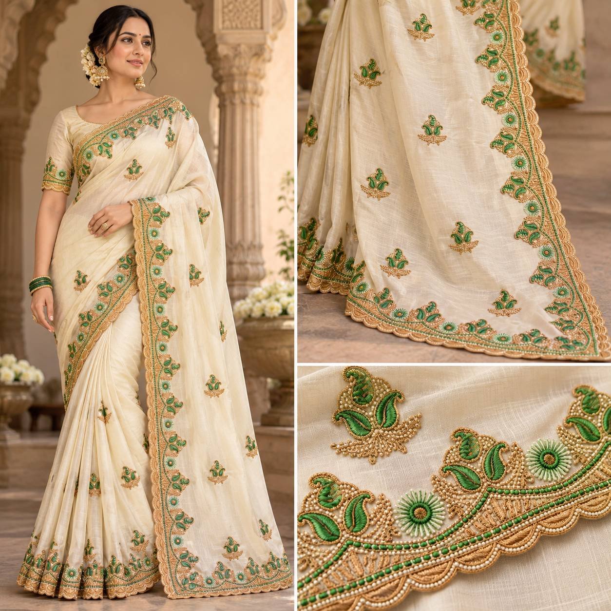 C Pallu Saree Machine Embroidery Design โ MyDigitalCraft.com C Pallu Saree Embroidery Design with Green and Gold Floral Border