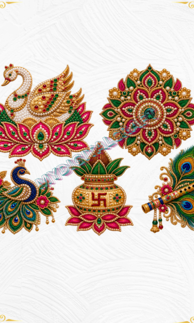 Luxury Indian Embroidery DTF Sticker 5 Pcs Set Peacock, Lotus, Kalash, Flute & Mandala_1