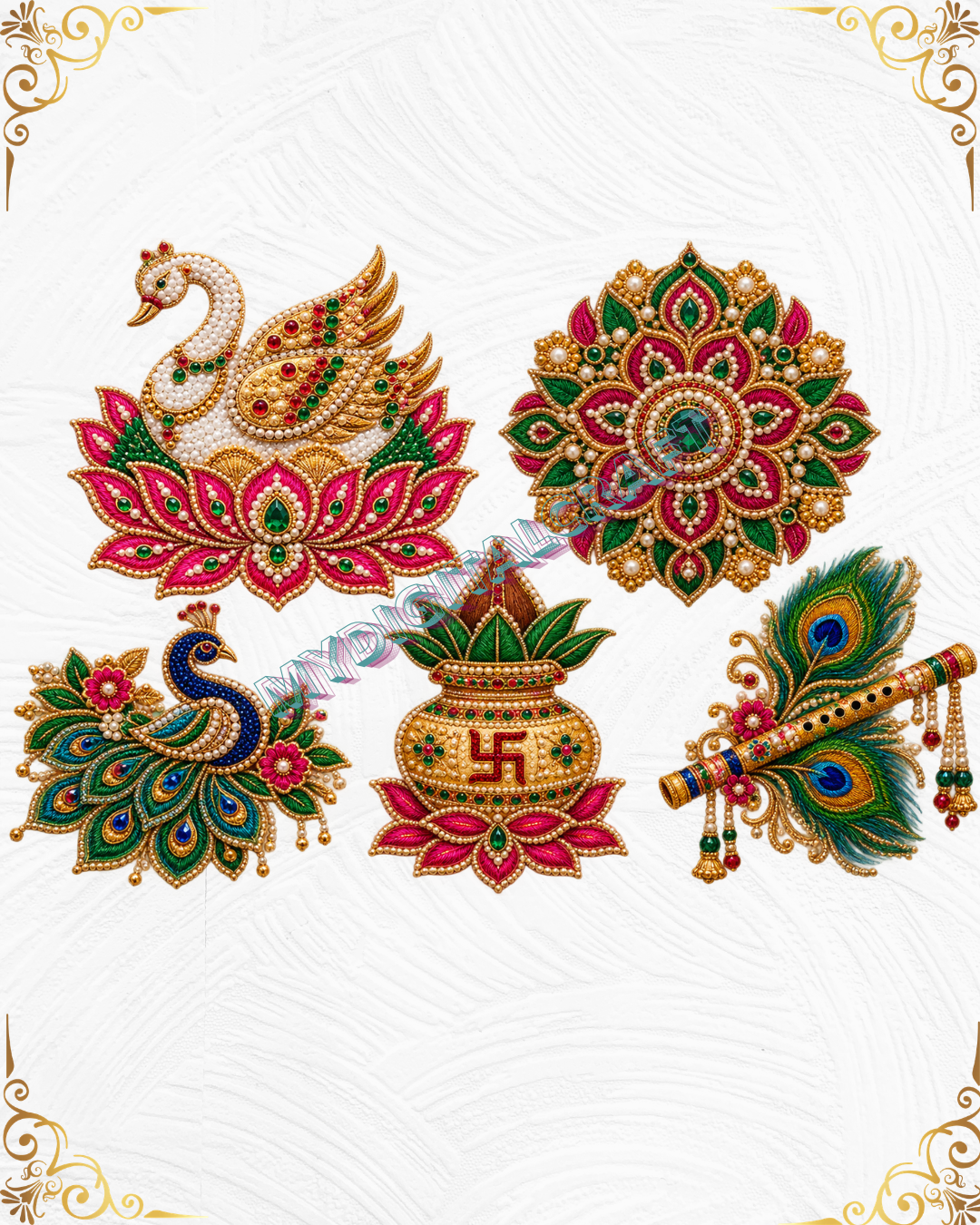 Luxury Indian Embroidery DTF Sticker 5 Pcs Set Peacock, Lotus, Kalash, Flute & Mandala_1 Luxury Indian Embroidery DTF Sticker 5 Pcs Set Peacock, Lotus, Kalash, Flute & Mandala_1