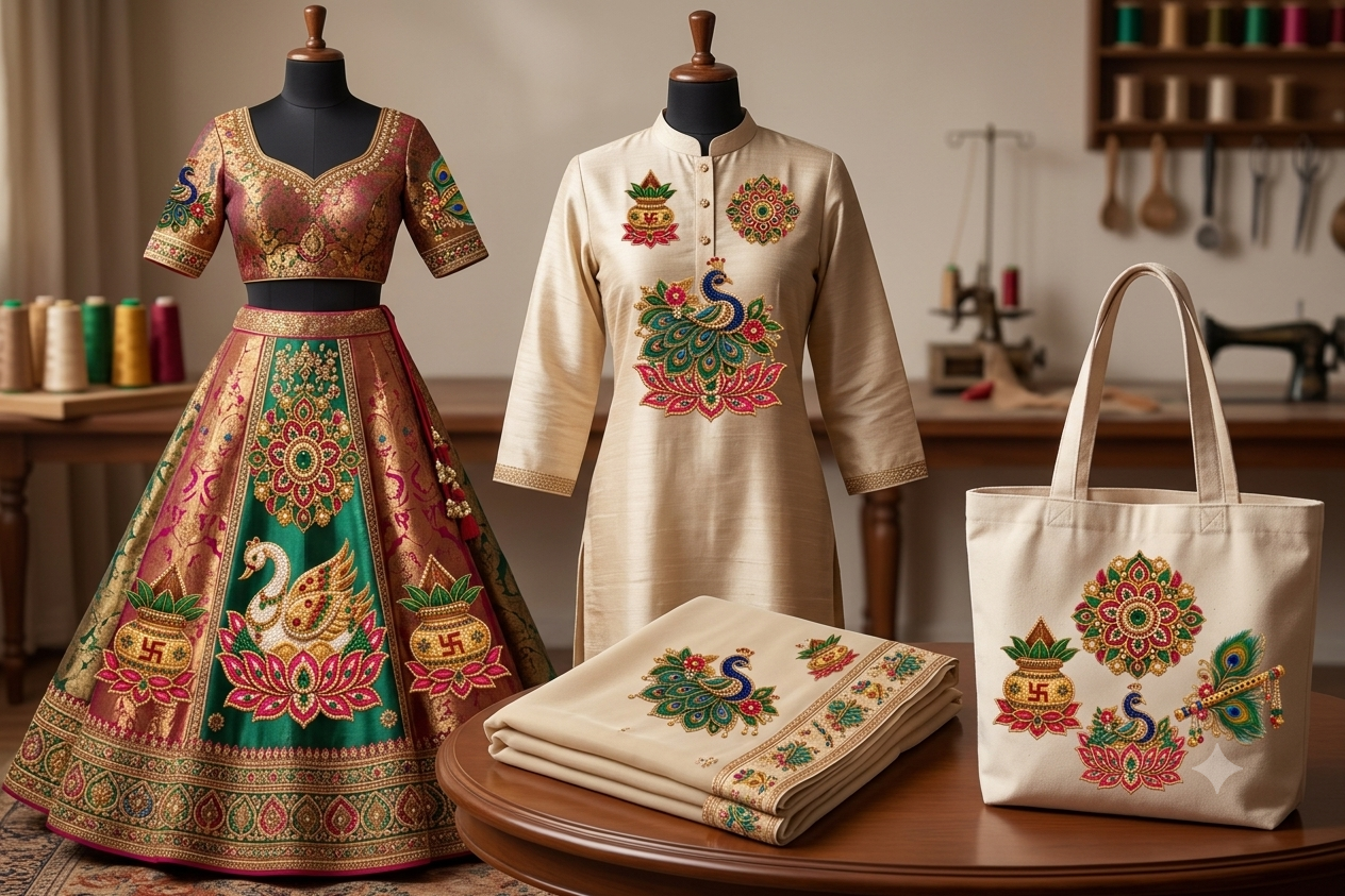 Luxury Indian Embroidery DTF Sticker 5 Pcs Set Peacock, Lotus, Kalash, Flute & Mandala_2