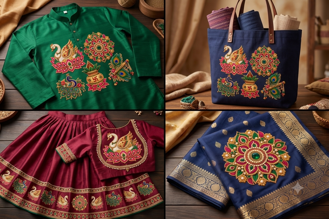 Luxury Indian Embroidery DTF Sticker 5 Pcs Set Peacock, Lotus, Kalash, Flute & Mandala_3