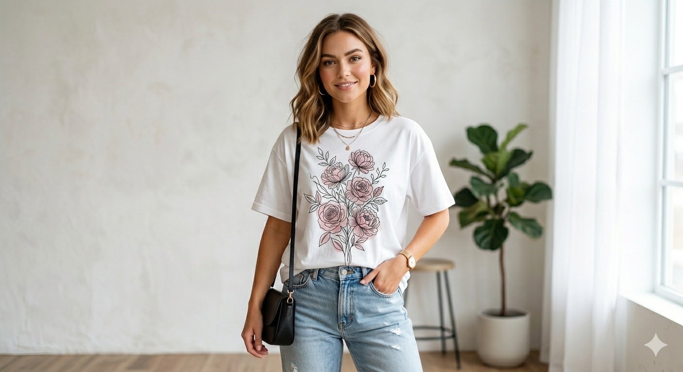 Elegant Pink Floral Bouquet 3D Ladies T-Shirt Design_3 Elegant Pink Floral Bouquet 3D Ladies T-Shirt Design_3