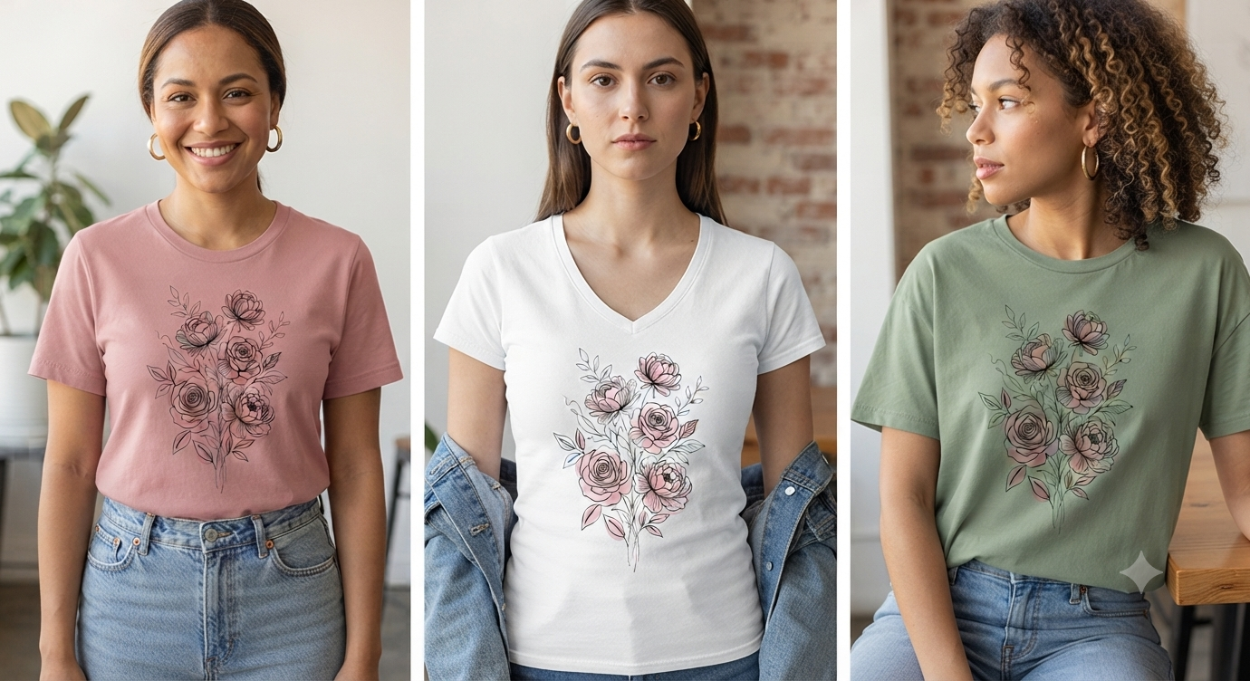Elegant Pink Floral Bouquet 3D Ladies T-Shirt Design_4 Elegant Pink Floral Bouquet 3D Ladies T-Shirt Design_4