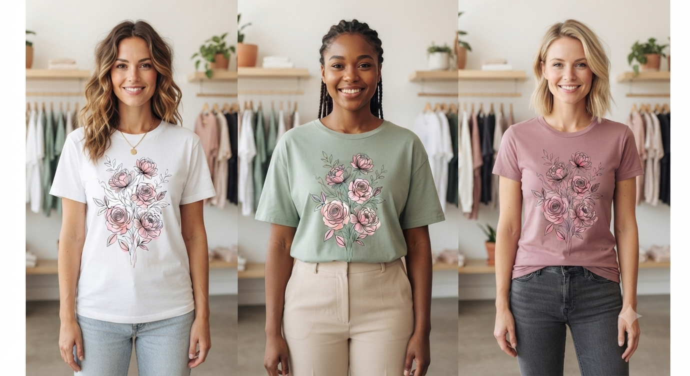 Elegant Pink Floral Bouquet 3D Ladies T-Shirt Design_5 Elegant Pink Floral Bouquet 3D Ladies T-Shirt Design_5