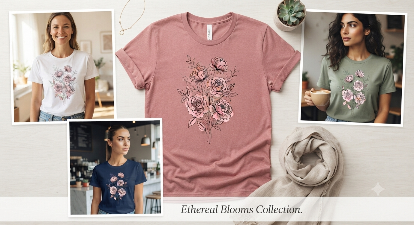 Elegant Pink Floral Bouquet 3D Ladies T-Shirt Design_6 Elegant Pink Floral Bouquet 3D Ladies T-Shirt Design_6